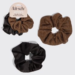Black & Chocolate Metallic Mesh and Satin Scrunchies 2pc Set